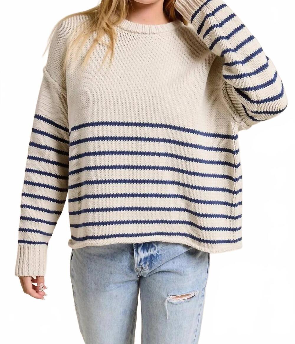 NEW CHARLOTTE AVERY knit long sleeve bone stripe sweater in ivory/blue